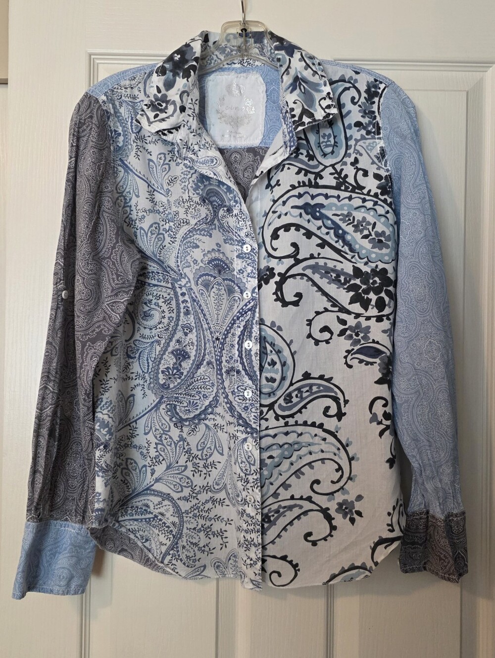 Cino Blue and White Paisley Mixed Print Cotton Button-Down Blouse